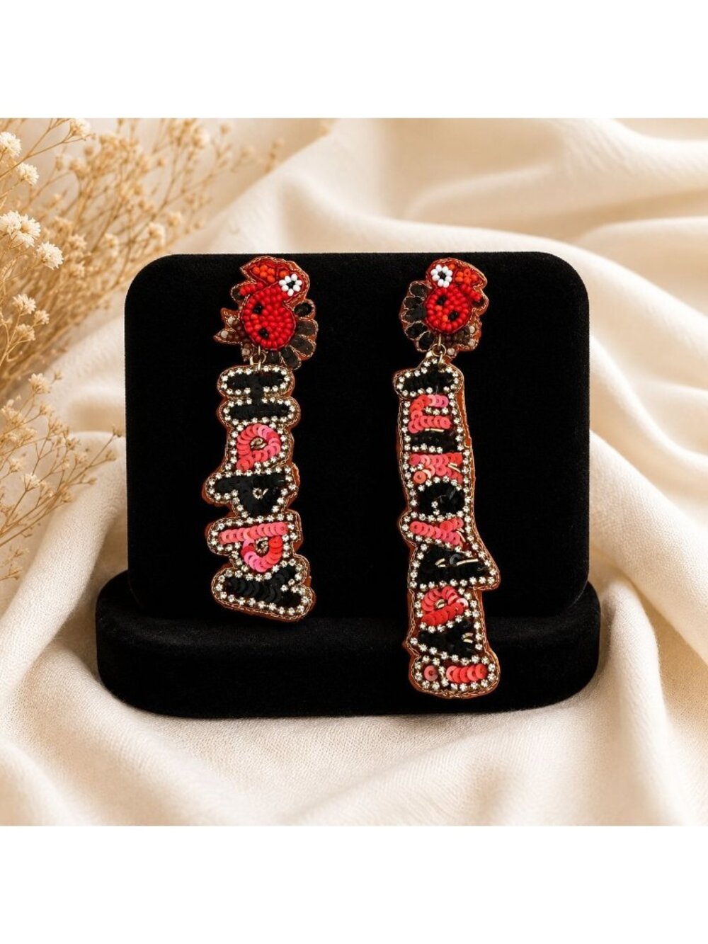 Artisan Thanksgiving Beaded Dangle Earrings Happy Turkey Day Holiday Statement